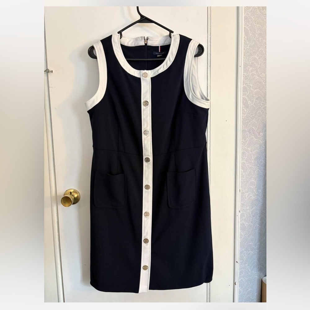 Tommy Hilfiger Navy and White Button-Front Midi Dress